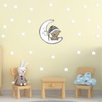 Tilki Dünyası Ay Üzerinde Uyuyan Sevimli Ayıcık Duvar Sticker Seti - Beyaz Yıldızlar ve Puantiyeler - Bebek ve Çocuk Odası Dekoratif Duvar Çıkartması