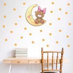Tilki Dünyası Ay Üzerinde Uyuyan Sevimli Ayıcık ve Sarı Yıldızlar Duvar Sticker Seti - Bebek ve Çocuk Odası Dekoratif Duvar Çıkartması