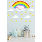 Tilki Dünyası Bulut Üzerinde Uyuyan Unicorn, Gökkuşağı Ve Bulutlar Çocuk Odası Duvar Sticker