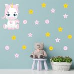 Tilki Dünyası S0206 ST Sevimli Unicorn Pembe ve Sarı Renk Yıldızlar ve Puantiyeler Çocuk Odası Duvar Sticker