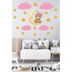 Tilki Dünyası Sevimli Ayıcık Sarı Yıldızlar Ve Pembe Bulutlar Bebek Çocuk Odası Duvar Sticker 45 x 130 cm