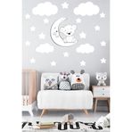 Tilki Dünyası Sevimli Beyaz Ayıcık, Beyaz Yıldızlar Ve Bulutlar Dekoratif Bebek Çocuk Odası Duvar Sticker