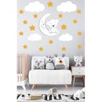 Tilki Dünyası Sevimli Beyaz Ayıcık Sarı Yıldızlar Ve Bulutlar Dekoratif Bebek Çocuk Odası Duvar Sticker