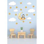 Tilki Dünyası Sevimli Penguen Sarı Yıldızlar ve Beyaz Bulutlar Dekoratif Bebek Çocuk Odası Duvar Sticker