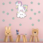Tilki Dünyası Sevimli Unicorn Gülen Beyaz Bulut Yeşil Yıldızlar Çocuk Odası Duvar Sticker