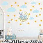 Tilki Dünyası TILKI-75137 Sevimli Tavşanlar Sarı Yıldızlar ve Mavi Bulutlar Dekoratif Bebek Çocuk Odası Duvar Sticker