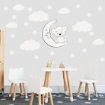 Tilki Dünyası TILKI-75993 Sevimli Beyaz Ayıcık Beyaz Yıldızlar ve Bulutlar Dekoratif Bebek Çocuk Odası Duvar Sticker