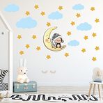 Tilki Dünyası Uyuyan Maymun Sarı Yıldızlar ve Mavi Bulutlar Dekoratif Bebek Çocuk Odası Duvar Stickerı