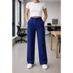 Timburly Lacivert Çizgili Kadın Kumaş Pantolon Yüksek Bel Geniş Paça Ofis Şık Pinstripe Pantolon