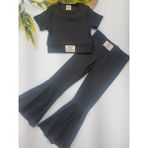 Timi Kids Kız Çocuk Siyah Fitilli Kumaş Ispanyol Paça Crop Ikili Takım - 7 Yaş