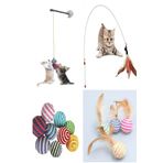 TİNEKE 4'lü Set: İp Sarma Top, Vantuzlu Kedi Oltası, Tüylü Top ve 90 Cm Olta