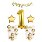 Tinky Winky Gold Konsept 1 Yaş Doğum Günü Kutlama Seti; Beyaz Gold Konfetili Balon, Rakam Yıldız Balon Zincir 1