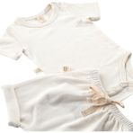 Tiny Lamb Elatıon Mılk Şortlu Bodysuit Takım - 2 Parça | Yazlık Bebek Kıyafeti Şort ve Kısa Kollu Bodysuit - Bej - 6 - 9 Ay