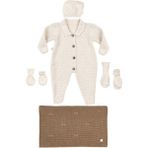 Tiny Lamb Premium 5 Parça Bebek Örgü Triko Tulum ve Battaniyeli Hastane Çıkışı Seti - 0-3 Ay - 0 - 3 Ay - Krem