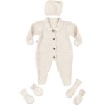 Tiny Lamb Premium Unisex 4 Parça Bebek Özel Örgü Triko Tulum ve Hastane Çıkışı Seti - 0-3 Ay - 0 - 3 Ay - Krem