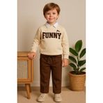 tinytrends Erkek Bebek&çocuk Funny Nakışlı Sweatshirt Gömlek Pantolon Spor 3'lü Takım - Kahverengi - 1 Yaş