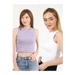 TİODES Kadın Lila Beyaz Halter Yaka 2'li Crop Bluz
