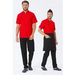 TIPTEKS Comfort Erkek Kısa Kol Kırmızı Aşçı Ceket, Bel Önlük, Kep-siyah Biyeli Ve Siyah Pantolon Dörtlü Set