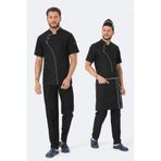 TIPTEKS Comfort Erkek Siyah Aşçı Ceketi, Pantolon, Bel Önlük Ve Kep - Beyaz Biyeli Dörtlü Set