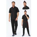 TIPTEKS Comfort Erkek Siyah Aşçı Ceketi, Pantolon, Bel Önlük Ve Kep - Kırmızı Biyeli Dörtlü Set