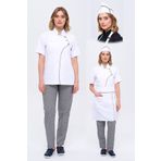 TIPTEKS Comfort Kadın Beyaz Şef Ceketi, Kep Ve Bel Önlük- Pötikare Biye / Ekose Pantolon Dörtlü Set
