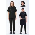 TIPTEKS Comfort Kadın Siyah Aşçı Ceketi, Kep Ve Bel Önlük -Beyaz Biye / Siyah Aşçı Pantolon Dörtlü Set
