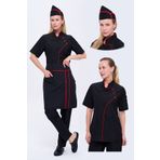 TIPTEKS Comfort Kadın Siyah Aşçı Ceketi, Kep Ve Bel Önlük -Kırmızı Biye / Siyah Aşçı Pantolon Dörtlü Set