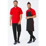 TIPTEKS Erkek Comfort Kırmızı Aşçı Ceket-siyah Biye/siyah Askılı Önlük Ve Kep / Siyah Pantolon Set