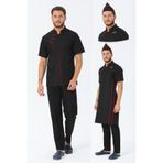 TIPTEKS Erkek Comfort Siyah Aşçı Ceket + Kep Ve Askılı Önlük - Kırmızı Biye /Siyah Pantolon Dörtlü Set