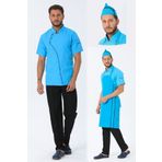 TIPTEKS Erkek Comfort Turkuaz Aşçı Ceket + Kep Ve Askılı Önlük - Siyah Biye / Siyah Pantolon Dörtlü Set