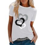 Tişört Kadın Büyük Bedenler Kalp Desenli Baskı Kısa Kollu Tunik Bluz Genç Kız Spor Tişört Moda Bol Yuvarlak Yaka Gömlek Bluz Pamuklu Üst Giyim, Beyaz, XL