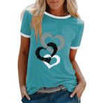 Tişört Kadın Büyük Bedenler Kalp Desenli Baskı Kısa Kollu Tunik Bluz Genç Kız Spor Tişört Moda Bol Yuvarlak Yaka Gömlek Bluz Pamuklu Üst Giyim, Mavi, 3XL