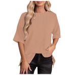 Tişört Kadın Büyük Bedenler Kısa Kollu Yuvarlak Yaka Bol Tunik Üst Giyim Yaz Bluz Tek Renk Gömlek Bluz Genç Kız Spor Tişörtü Zarif Kazak Sweatshirt Üst, Haki., S