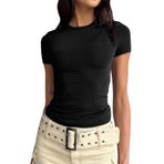 Tişört Kadın Yaz Kısa Kollu Bluz Crop Top Y2K Slim Fit Üst Parça Yuvarlak Yaka Gömlek Bluz Genç Kız Kutlama Gömleği Tek Renkli Gömlek Bluz Günlük Sarma Tişört Sokak Giyimi, Siyah, XXL