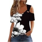 Tişört, kadın, yazlık, kısa kollu, V yaka, seksi omzu açık, delikli kumaş, çiçek baskılı, tunik bluz, genç kız spor tişörtü, rahat, bol bluz üst parça, siyah (Schwarz-B), L