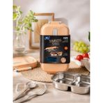 Titiz Aura Lunch Box Paslanmaz Çelik Beslenme Kabı 450 ml (150+300 Ml) Sızdırmaz Bölmeli Yemek Kabı Çatal Kaşıklı Bpa Free Bej