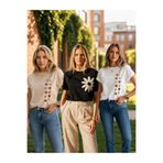 tkn your style Kadın 3 lü Sıralı Minik Kalpler Çiçek Baskı Tasarımlı Siyah Beyaz Bej Renkli Tshirt