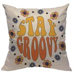 TKS MITLAN Retro Stay Groovy Slogan Dekoratif Yastık Kılıfları Daire İçinde Hippi Çiçekleri Baskılı Rustik Keten Kırlent Kılıfları 45,7 x 45,7 cm Kanepe Dekorasyonu için