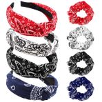 TOBATOBA Kadınlar için 8'li Paket Bandana Kafa Bandı, Elastik Şal Desenli Saç Bantları, Kadınlar için Geniş Düğümlü Saç Bantları, Üst Düğüm Kafa Bandı Türban Saç Bantları, Vintage Boho Saç Bantları Kaymaz (4 takım siyah kırmızı mavi beyaz)