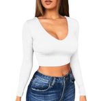 TOEECY Kadın örgü uzun kollu Crop T-Shirt V yaka üst kısım karın açık üst giyim gündelik seksi üst giyim uzun kollu üst giyim kazak rahat tişört basic slim üst parça, Beyaz, M