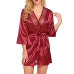 TOEECY Kadın sabahlık, bornoz, saten, seksi, kimono, kısa bornoz, V yaka, gecelik, hafif, çiçekli dantelli, dantelli, dantelli, gelin, nedime için, Kırmızı, XL