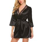 TOEECY Kadın sabahlık, bornoz, saten, seksi, kimono, kısa bornoz, V yaka, gecelik, hafif, çiçekli dantelli, dantelli, dantelli, gelin, nedime için, Siyah, L
