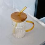 Tohana Bambu Kapaklı Cam Pipetli Kupa 420 ml - Sarı