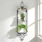 Tokenhigh Çiçek standı, duvara montaj, metal, 3 katlı bitki rafı, metal çerçeveli ve 3 plastik palet, bitki standı, çiçek saksısı tutucu, duvar rafı, dekorasyon, bahçe, balkon, teras, avlu için