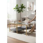 Tolia Home Modern Siyah-Gold Renk 3 Katlı Metal Iskeletli Şeffaf Temper Camlı Dikdörtgen Orta Sehpa - Siyah - Gold - Şeffaf
