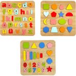 Tollihy Brinco Ahşap Montessori Büyük Boy Kabartmalı 3 Lü Bultak Puzzle Seti ( Alfabe - Geometrik Şekiller Çubuklar ve Sayılar )