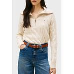 Tommy Hilfiger % 100 Yün Relaxed Fit Yarım Fermuarlı Dik Yaka Örgü Kazak Bayan Kazak WW0WW46425 Adk - Bej - XL