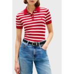 Tommy Hilfiger Çizgili Ipek Karışımlı Kısa Kollu Düğmeli Polo Yaka Kazak Bayan Polo Yaka Kazak WW0WW48503 04W - Kırmızı - Beyaz - XL