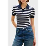 Tommy Hilfiger Çizgili Ipek Karışımlı Kısa Kollu Düğmeli Polo Yaka Kazak Bayan Polo Yaka Kazak WW0WW48503 0A5 - Lacivert - Beyaz - XS
