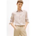 Tommy Hilfiger Erkek Normal Kesim Çizgili Logo Bayrak Nakışlı Saf Keten Kahverengi Gömlek MW0MW42400-0BK - 2XL